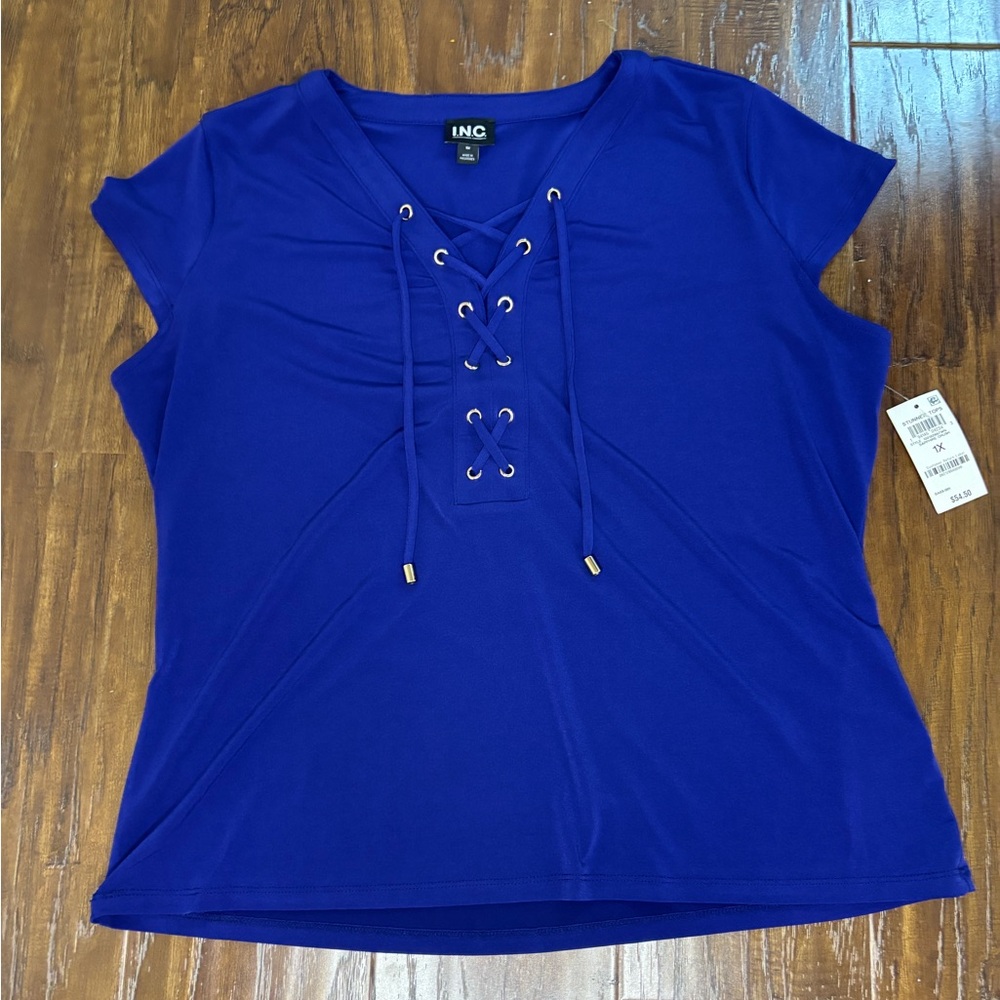 NWT INC Plus International Concepts Women's 1X Blue Sapphire Lace-Up Top #3050